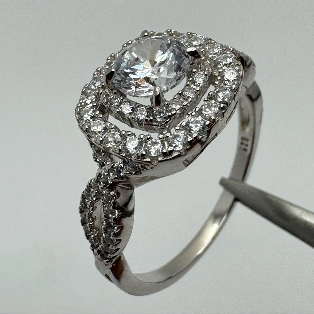 Stunning 925 Sterling Silver Double Band Halo CZ Ring Size 10 NEW